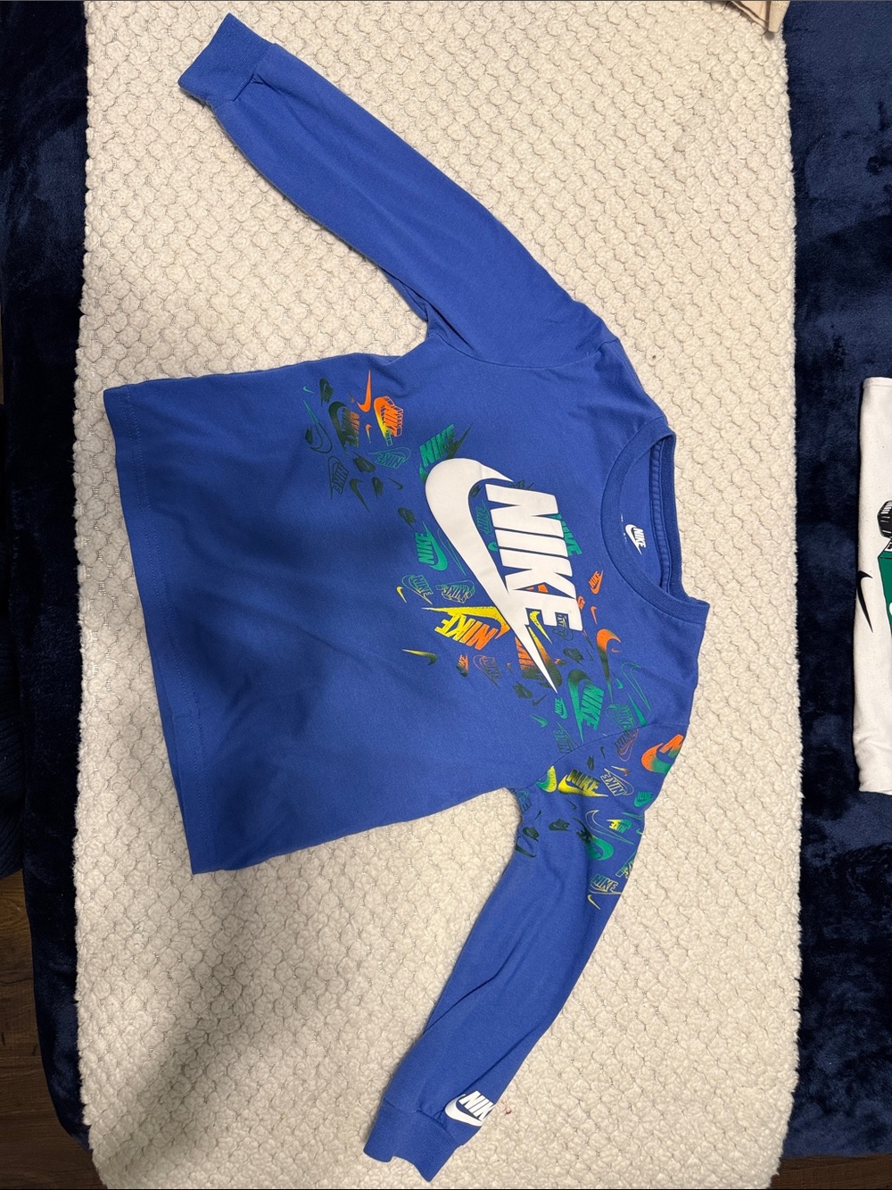Nike Royal Blue Long-Sleeve Graphic Tee with Multicolor Logo